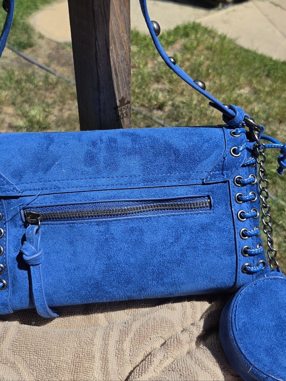 Ed Hardy Royal Blue Suede Shoulder Bag with Lace-Up Trim - Picture 2 of 3